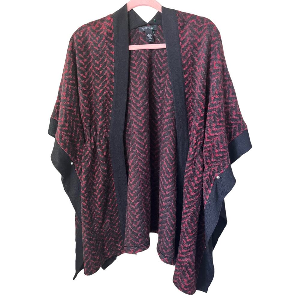 WHBM Wool blend red black zig zag open front poncho style sweater XS/S